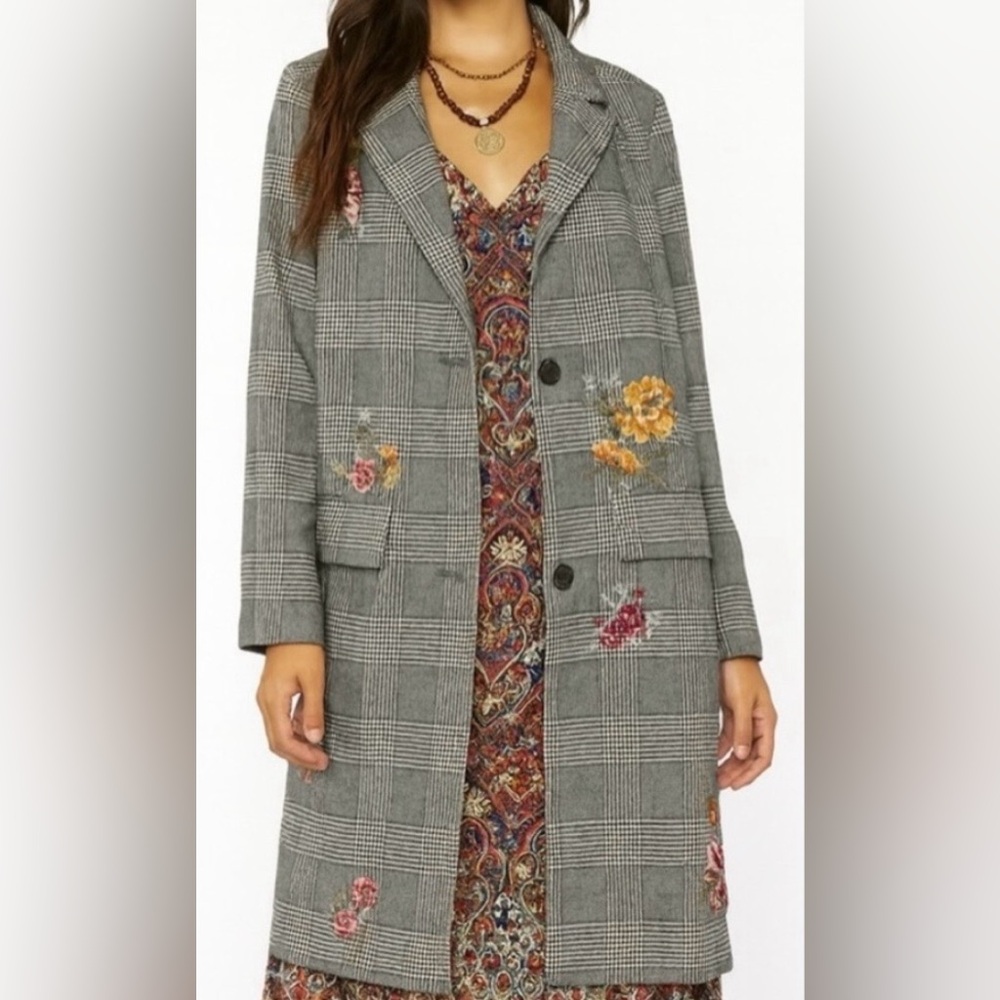 Sundance Gray Plaid Blazer with Embroidered Floral Accents